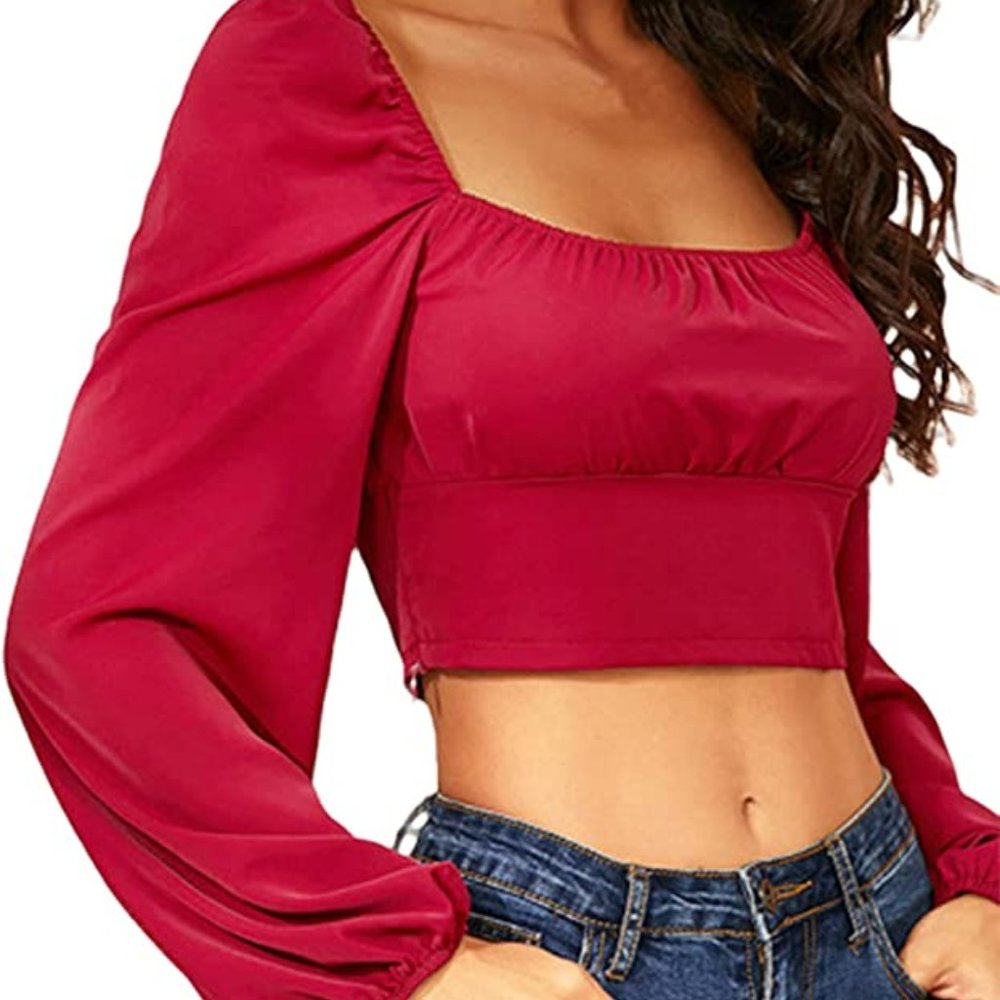 Women's Leopard Print Puff Long Sleeve Square Neck Crop Blouse Tops